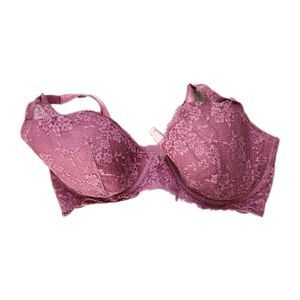 Victoria’s Secret Lace Plunge Bra 38DDD Purple Underwire Gold Logo Sexy EUC